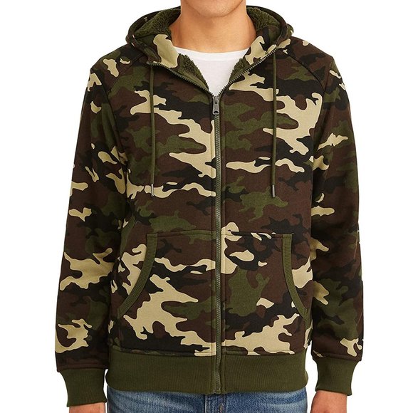 NWT Sherpa Fleece Lined Woodland Camo Full Zip Jacket Sweatshirt Sweater Hoodie